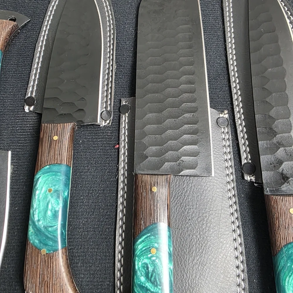 Rust Free Handcrafted J2 Steel Chef Knife Set Wit Five-piece knife set. Turquois